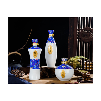 景德镇陶瓷酒瓶礼盒空酒壶创意酒瓶送礼2斤装蓝色三件套密封酒瓶